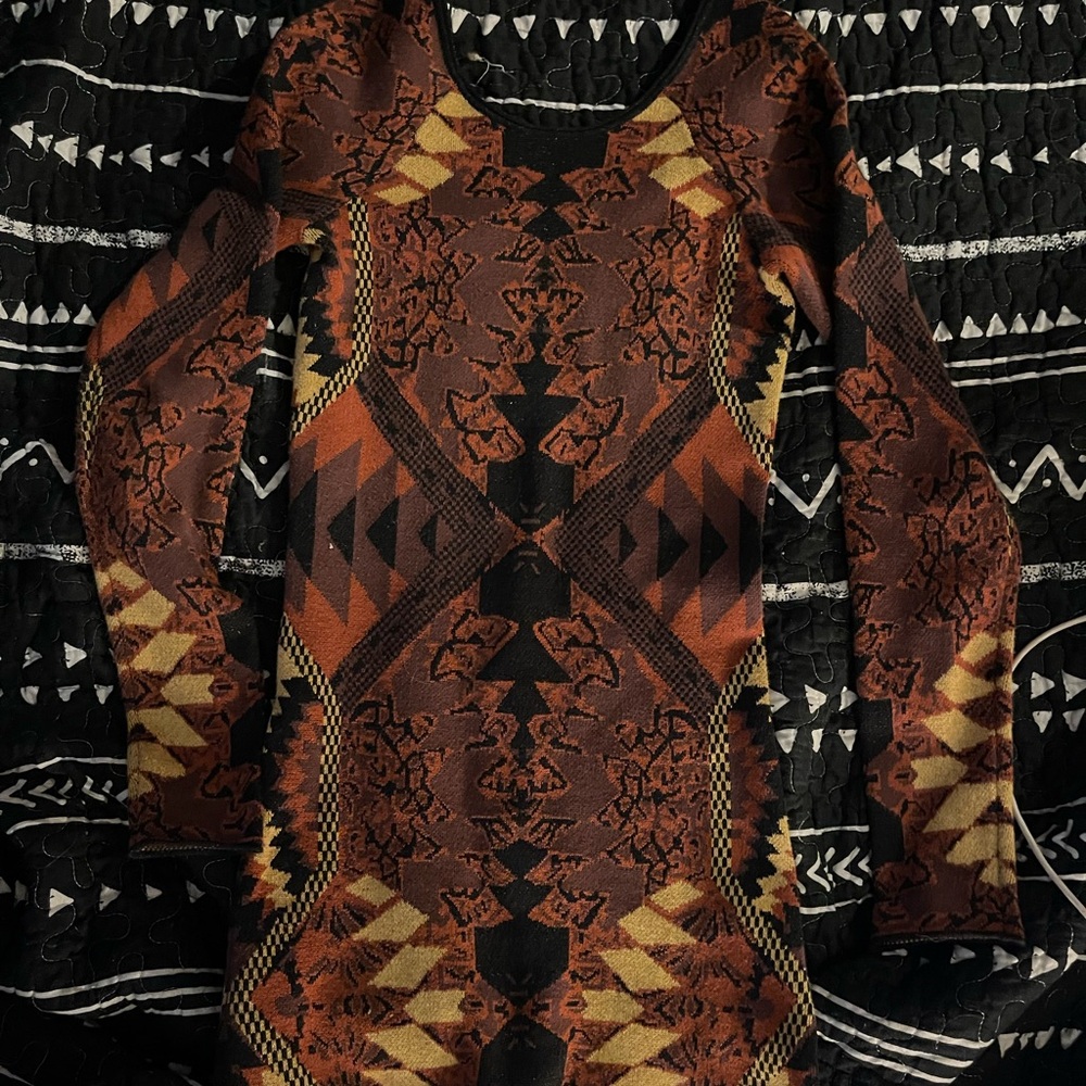 FP Patterned long sleeve sweater mini dress